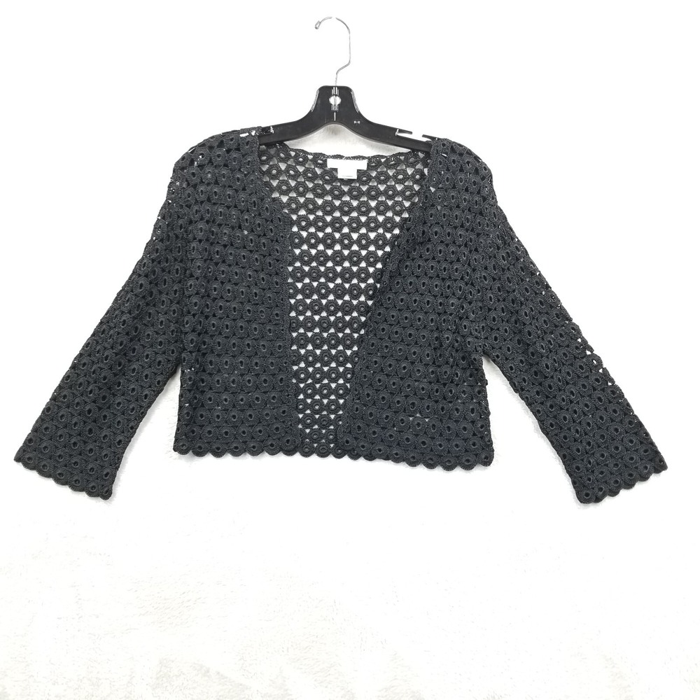 Vintage Cardigan Women‎ S Black Crochet Circles 3/4 Sleeve Witchy Whimsigoth